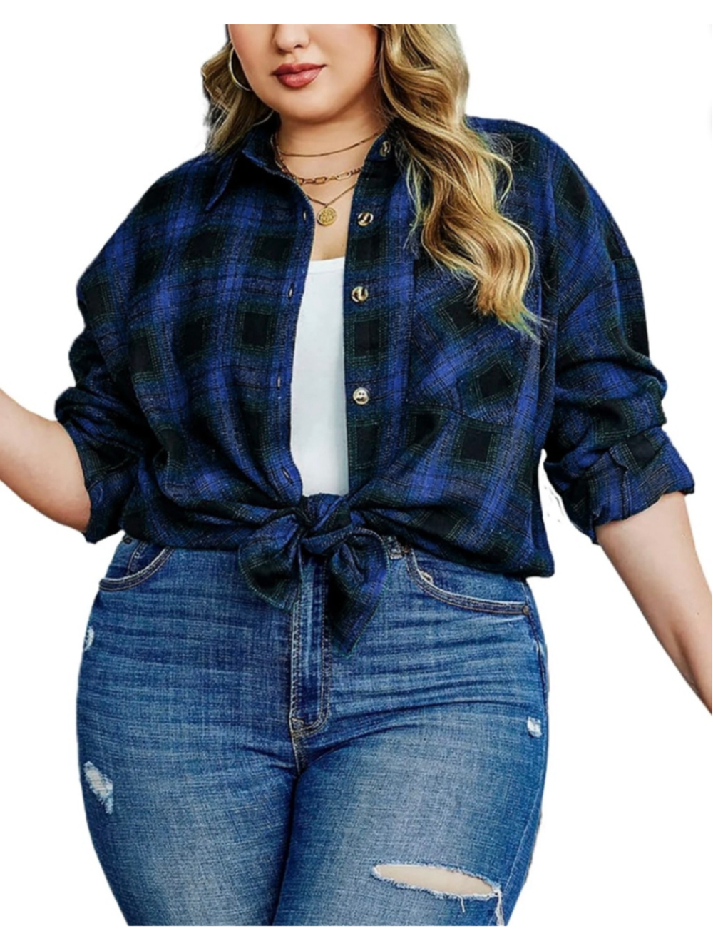 Fantaslook Plus Size XL Blue Black Plaid Button Down Shirt NWT